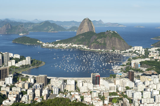 Classic scenic skyline overlook view of Rio de Janeiro city with Sugarloaf Mountain, Botafogo, and Guanabara Bay