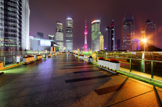 Night view of skyscrapers and Century Avenue, Shanghai, China