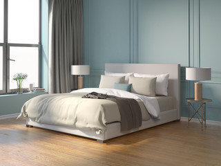 Modern bed in contemporary mint turqoise bedroom