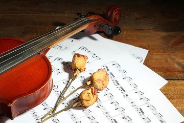 violin with notes and dried flowers on wooden brown background