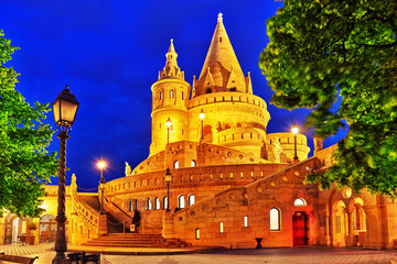 View on the Old Fishermen Bastion in Budapest. Night time.