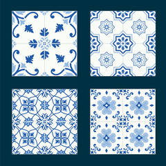 Set of vintage ceramic tiles in azulejo design with blue patterns