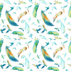 Watercolor silhouettes of flying birds and feathers. Seamless pattern