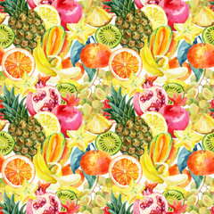 Exotic watercolor fruit mix seamless pattern