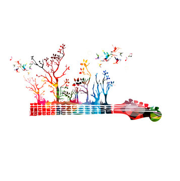 Colorful music background with guitar fretboard and hummingbirds