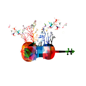 Colorful music background with violoncello and hummingbirds
