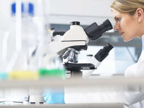 Scientist viewing sample on a glass slide through microscope for medical testing