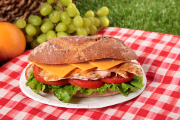 Chicken salad baguette sandwich with picnic basket