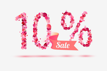 Ten (10) percents sale. Vector digits of pink rose petals