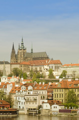 Panorama view of the Old Town and Prague castle with river Vltava. Vintage soft colors tone. Instagram filter look.