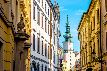 Fototapeta premium Famous St. Michaels watch tower and gate in the old town of Bratislava city, Slovakia