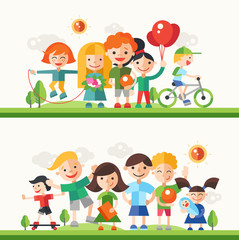 Children hobbies and activities - flat design characters compositions set