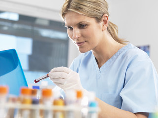 Medical researcher viewing data on a computer for a blood sample during testing