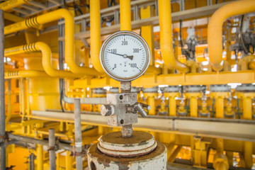 Pressure gauge for monitoring measure pressure in oil and gas process, Offshore oil and gas industry.Oil and gas wellhead platform in the gulf or the sea, The world energy.