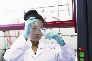 Female scientist using pipette and volumetric flask in lab