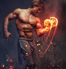 Shirtless bodybuilder doing exercises.