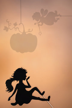 Fairy Godmother and Pumpkin shades, Cinderella shadow puppet, copy space background