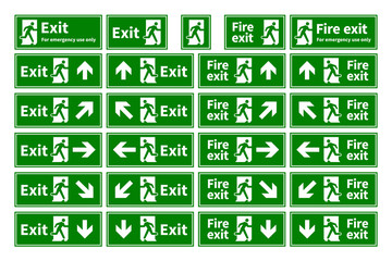 Set of emergency fire exit green signs with different directions on white - obrazy, fototapety, plakaty