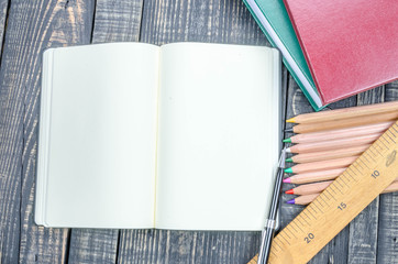 School education background with blank exercise book with copy s