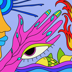 abstract with purple and hand eye