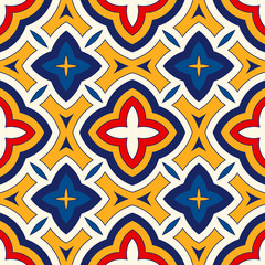 Bright ethnic abstract background. Seamless pattern with symmetric geometric ornament.