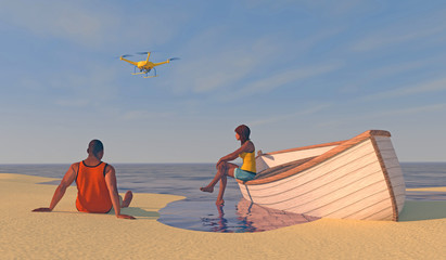 3D render of 2 figures and a beached boat with a UAV drone looking on. Fictitious UAV is a unique design. Depicting drone in search and rescue operation; lens flare, depth-of-field, motion blur.