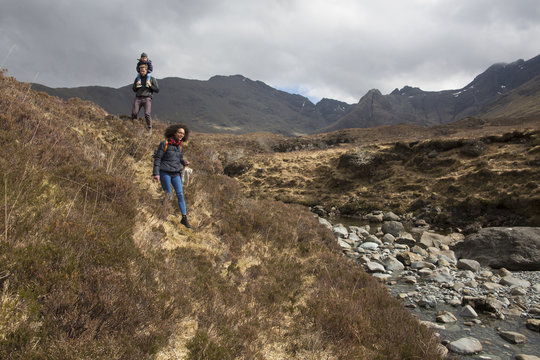 Family hiking, Fairy Pools, Isle of Skye, Hebrides, Scotland