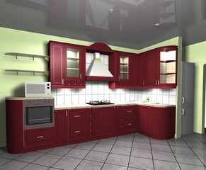 3D rendering red kitchen in classic style 