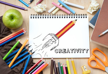Creativity" on note paper about with education concept.
