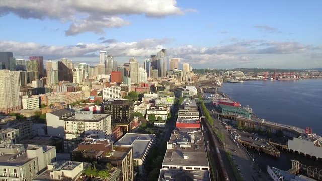 Waterfront Aerial with Piers and Downtown City Buildings in Seattle