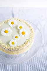 White almond and chocolate cake decorated with daisy flowers