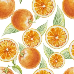 Printed kitchen splashbacks Watercolor fruits Watercolor seamless pattern of orange fruit with leafs. Vector illustration of citrus orange fruits. Eco food illustration