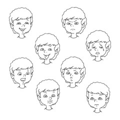 Child face emotion gestures, black and white vector illustration