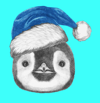 Portrait of Penguin with Santa Hat . Hand drawn illustration.