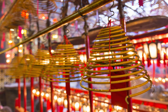 Incense coils burning in Man Mo Temple, Hong Kong, China