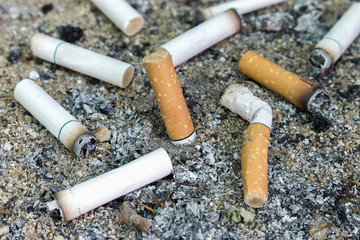 Cigarettes butt in ashtray [blur and select focus background]