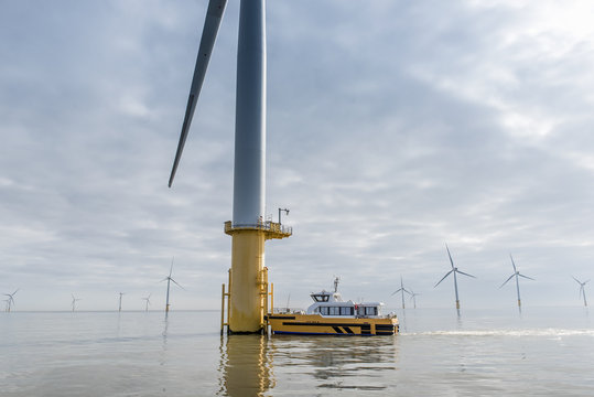 Engineers preparing to climb wind turbine from boat at offshore windfarm