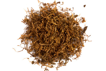 Heap of dry Pipe Tobacco on white top view