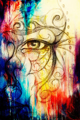 mystic face with floral ornament. Drawing on paper, Color effect. Eye contact. Computer collage.