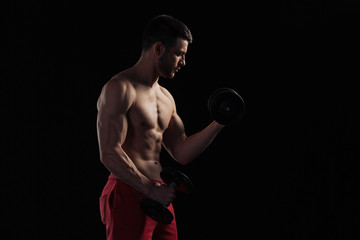 Fototapeta na wymiar Muscular man workout with dumbbells