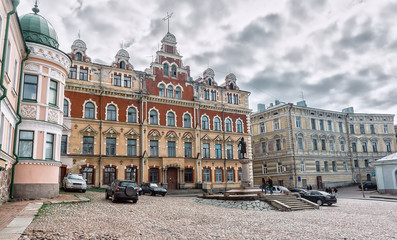 Fototapeta na wymiar Old buildings of Vyborg historical city center, Russia. Viipuri old town hall.