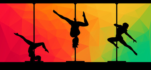 Black vector silhouettes of female pole dancers performing pole moves on abstract background.