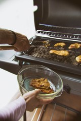 Grilled chicken on the gas grill on the garden, white background