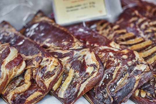 Meat on a market stall, close-up
