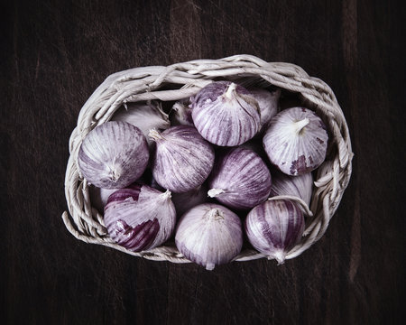 Garlic in basket, overhead view