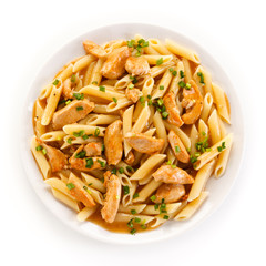 Penne with meat, sauce and vegetables 