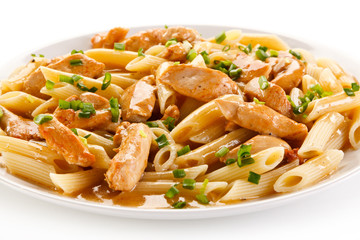 Penne with meat, sauce and vegetables 