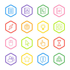 colorful line web icon set with hexagon frame for web design, user interface (UI), infographic and mobile application (apps)