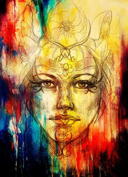 mystic woman face with floral ornament. Drawing on paper, Color effect. Eye contact.