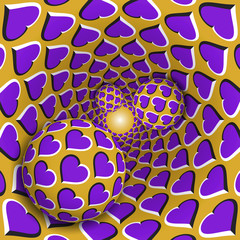 Optical illusion illustration. Three balls with a hearts pattern are moving on rotating purple hearts golden funnel. Abstract fantasy in a surreal style.